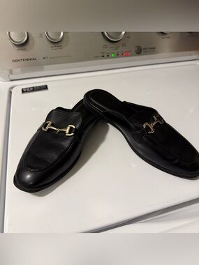 Black leather mules